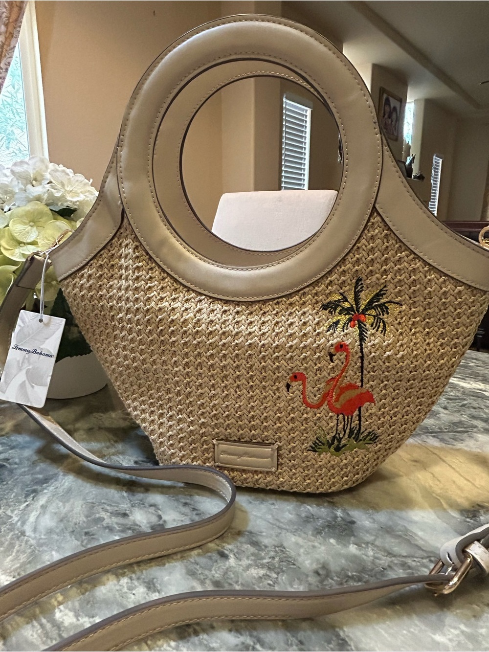 Tommy Bahamas Woven Straw Tote with Flamingo Embroidery - Beige